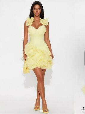 Yellow Ruffled Mini Dress with Floral Shoulder Detail Fashion Nova